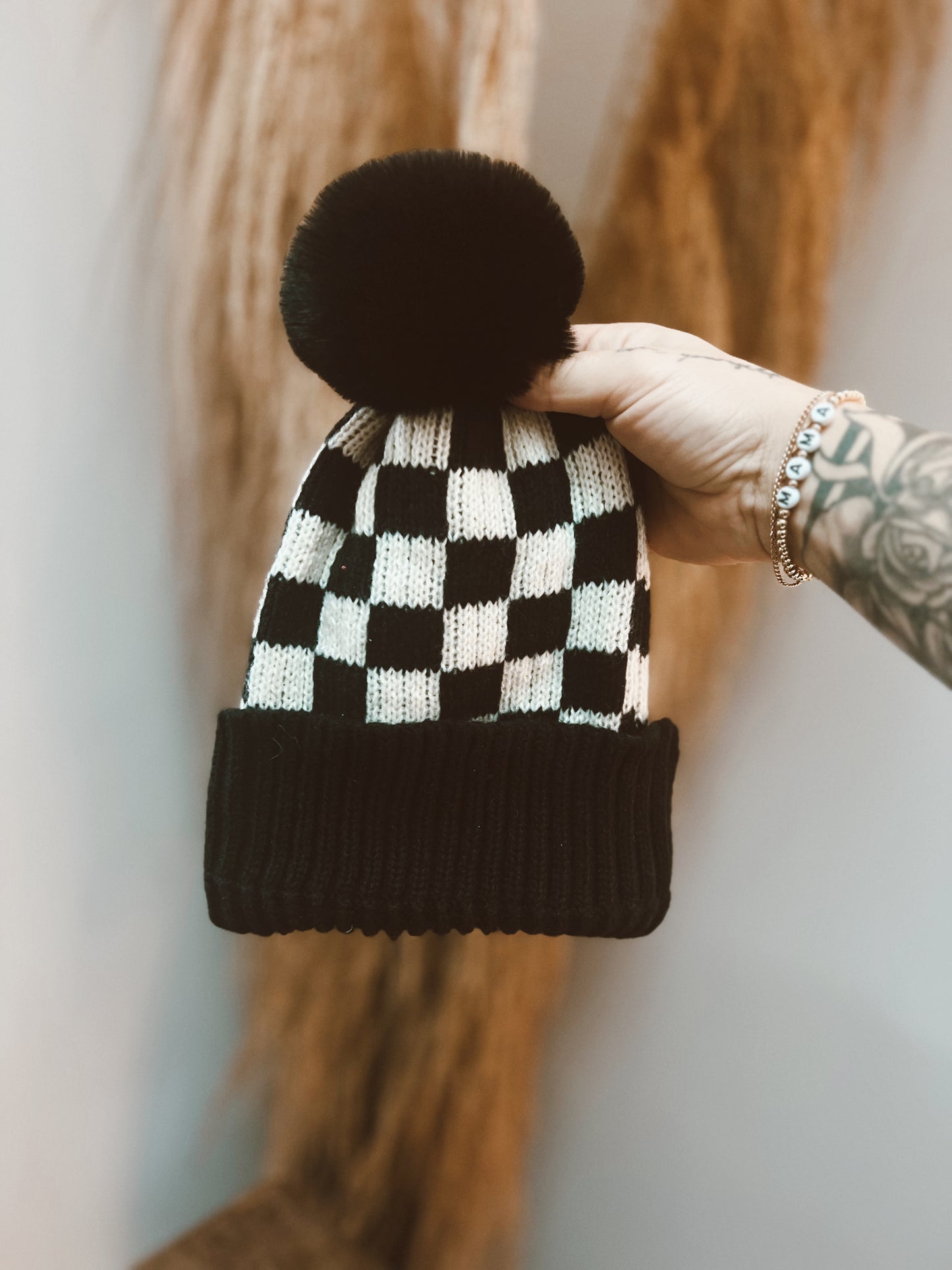 Black and white checkered beanie