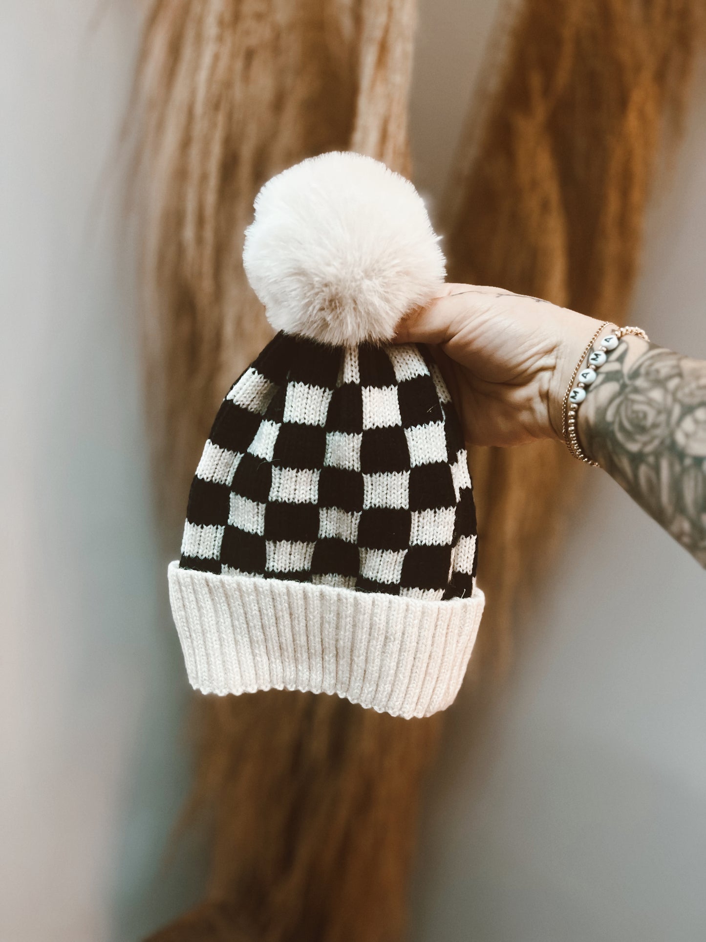 White and black checkered beanie