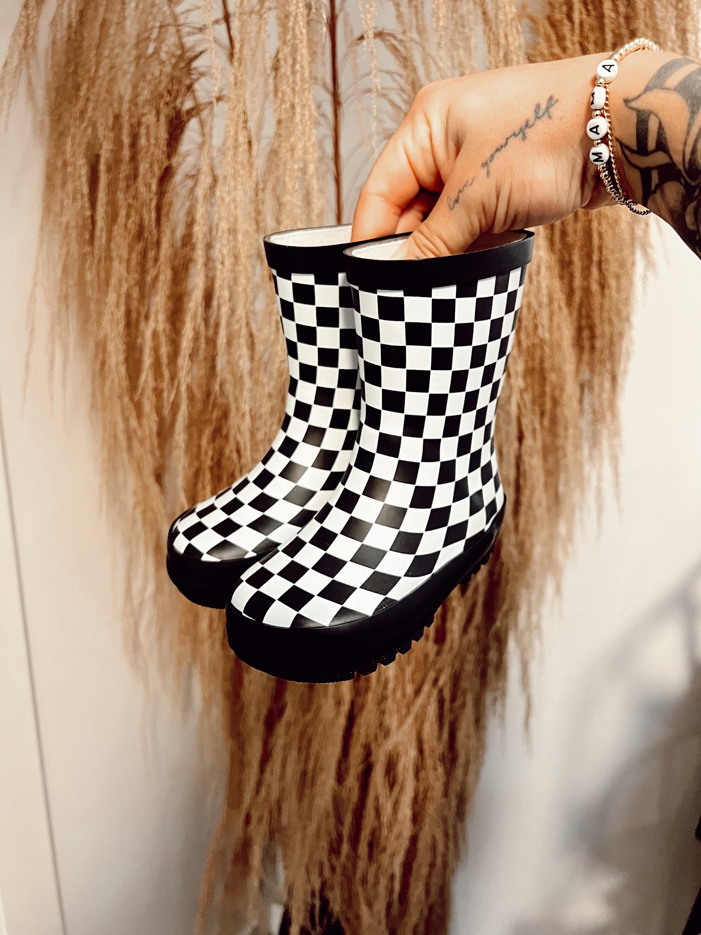 Checkered rain boots